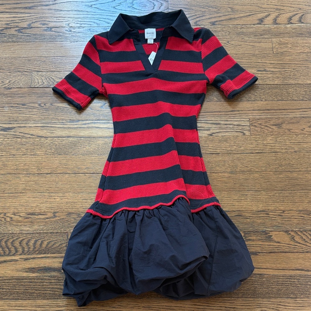 Anthropologie Maeve NWT Red & black Striped knit Polo Dress, bubble bottom, XXS